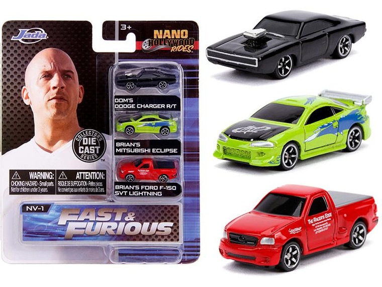 "Fast & Furious" 3 Piece Set " Nano Hollywood Rides" Diecast Model Cars By Jada" (Pack Of 3) 31123