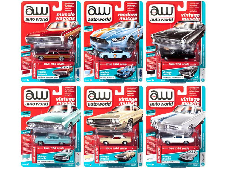 Autoworld Muscle Cars Premium 2019 Release 3, Set A Of 6 Cars 1/64 Diecast Models By Autoworld 64202A