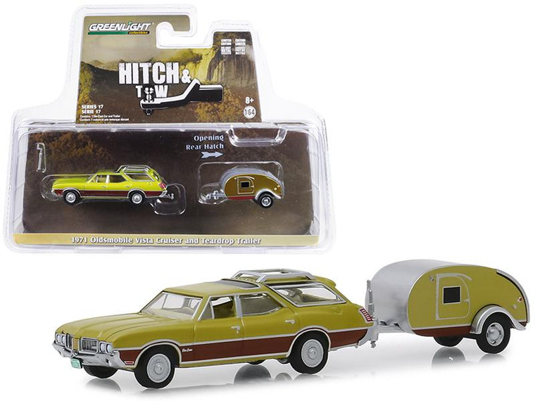 1971 Oldsmobile Vista Cruiser And Teardrop Travel Trailer Green "Hitch & Tow" Series 17 1/64 Diecast Model Car By Greenlight" (Pack Of 2) 32170A