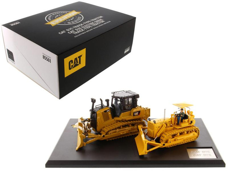 Cat Caterpillar D7C Track Type Tractor (Circa 1955-1959) And Cat Caterpillar D7E Electric Drive Track Type Tractor (Current) With Operators "Evolution Series" Set Of 2 Pieces 1/50 Diecast M" 85561 By Diecast Models