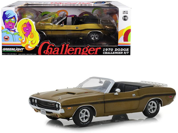 1970 Dodge Challenger R/T Convertible With Luggage Rack Metallic Gold With Black Stripes 1/18 Diecast Model Car By Greenlight 13527