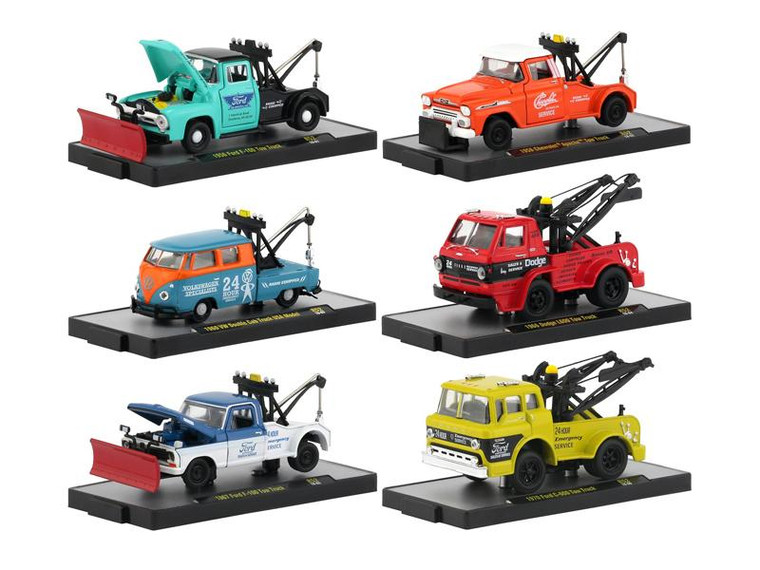 Auto Tow Trucks 6 Piece Set Release 52 In Display Cases 1/64 Diecast Model Cars By M2 Machines 32500-52