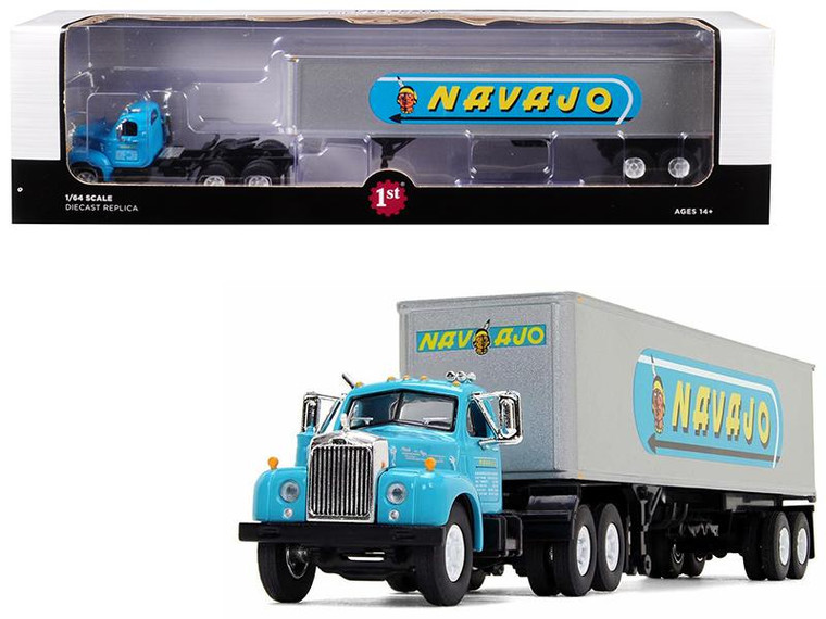 Mack B-61 Day Cab With 40' Vintage Trailer "Navajo" Turquoise And Silver 1/64 Diecast Model By First Gear" 60-0445