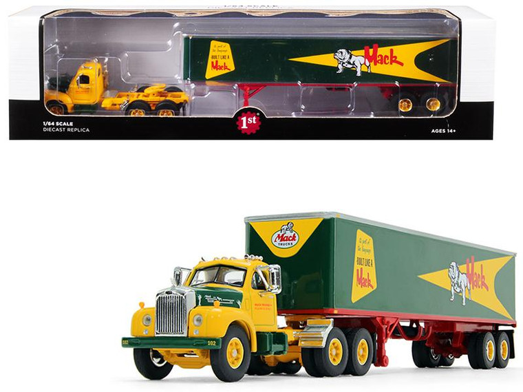 Mack B-61 Day Cab With 40' Vintage Trailer "Built Like A Mack" Yellow And Green 1/64 Diecast Model By First Gear" 60-0444