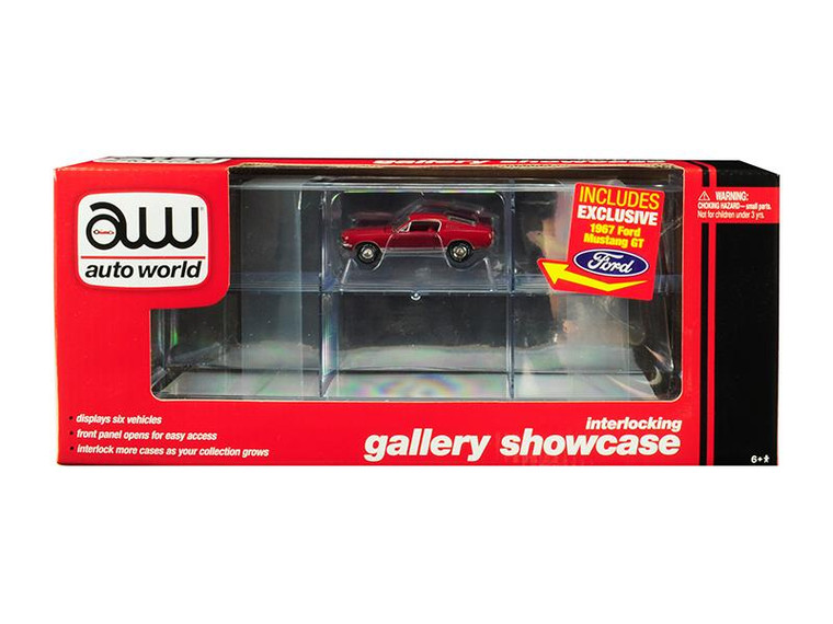 6 Car Interlocking Acrylic Display Show Case With 1967 Ford Mustang Gt Red For 1/64 Scale Model Cars By Autoworld AWDC018 By Diecast Models