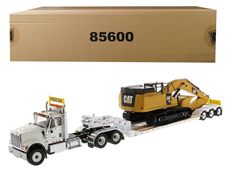 International Hx520 Tandem Tractor White With Xl 120 Lowboy Trailer And Cat Caterpillar 349F L Xe Hydraulic Excavator Set Of 2 Pieces 1/50 Diecast Models By Diecast Masters 85600