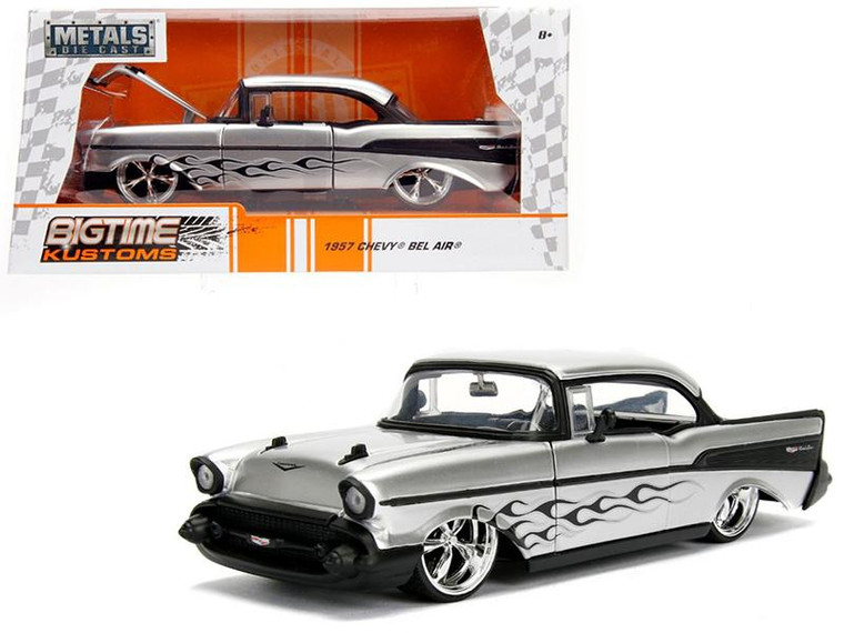 1957 Chevrolet Bel Air Silver With Flames 1/24 Diecast Model Car By Jada 99966