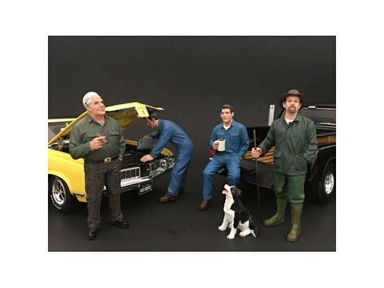 Mechanics, Customer And A Dog 5 Piece Figurine Set For 1/18 Scale Models By American Diorama 77447-77448-77449-77450 By Diecast Models