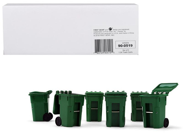 Set Of 6 Green Garbage Trash Bin Containers Replica 1/34 Models By First Gear (Pack Of 2) 90-0519 By Diecast Models