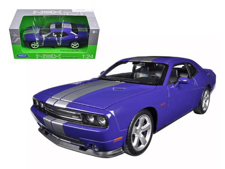 Dodge Challenger Srt Purple With Silver Stripes 1/24-1/27 Diecast Model Car By Welly 24049pur