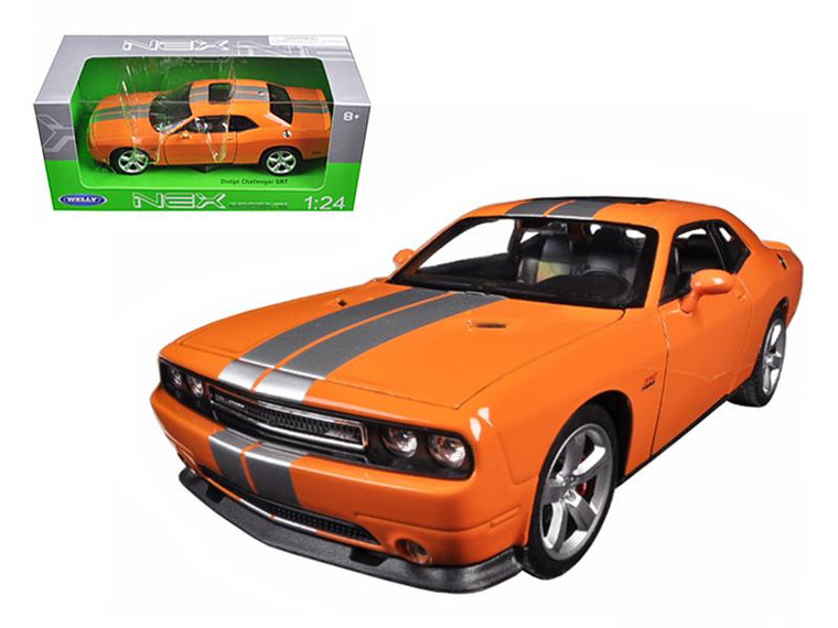 Dodge Challenger Srt Orange With Silver Stripes 1/24-1/27 Diecast Model Car By Welly 24049or