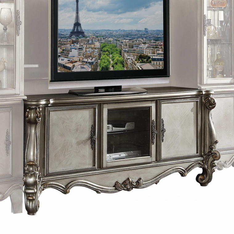 Homeroots 21" X 74" X 31" Antique Platinum Wood Poly Resin Glass Tv Console 347500