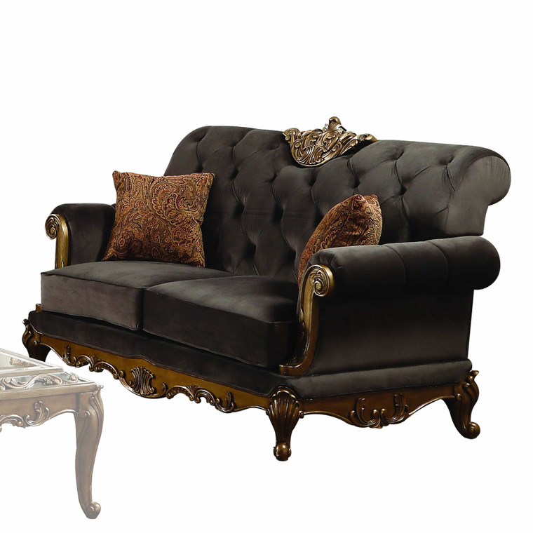 Homeroots 41" X 69" X 40" Charcoal Fabric Antique Gold Upholstery Wood Leg/Base Loveseat W/2 Pillows 347274