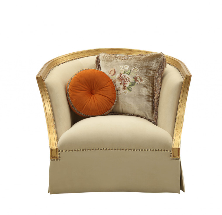 Homeroots 41" X 42" X 38" Fabric Antique Gold Upholstery Wood Leg/Trim Chair W/2 Pillows 347248