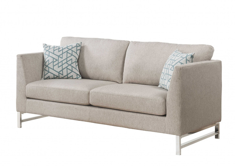 Homeroots 35" X 78" X 36" Beige Linen Upholstery Metal Leg Sofa W/2 Pillows 347284