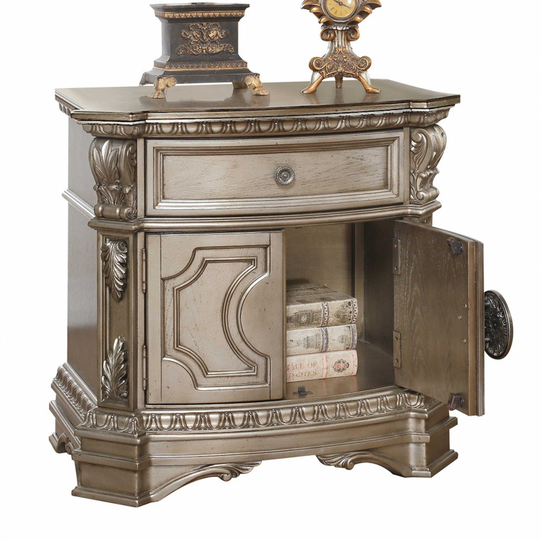 Homeroots 18" X 30" X 29" Antique Champagne Wood Poly Resin Nightstand W/Wooden Top 347126