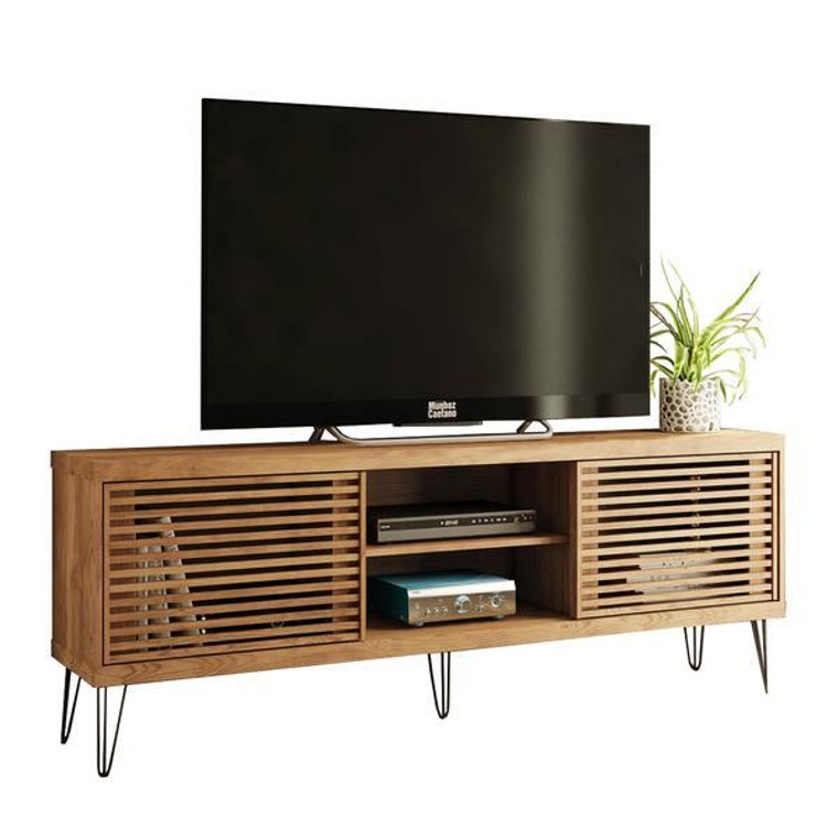 Homeroots 70.8" X 13" X 23.62" Modern Tv Stand With Metal Legs And Wood-Slat Sliding Doors 343997
