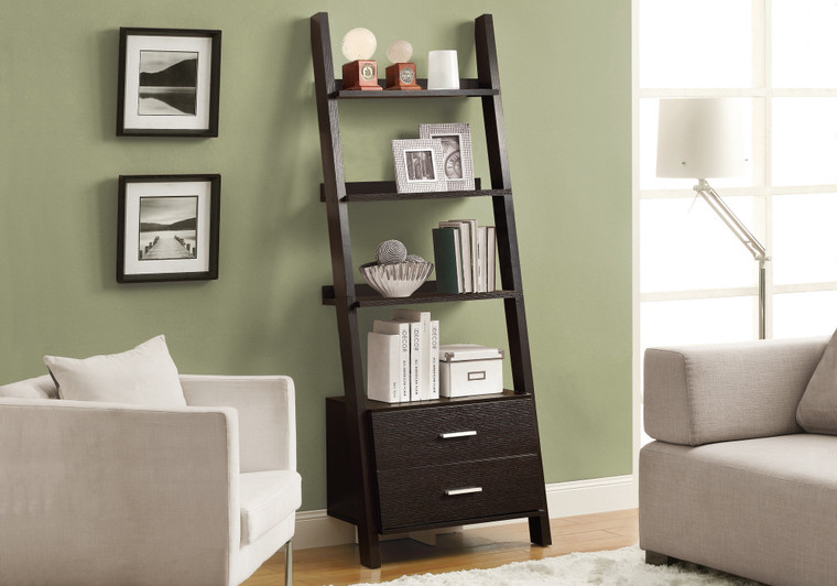 Homeroots 69" Cappuccino Particle Board Ladder Bookcase With Two Storage Drawers 332867