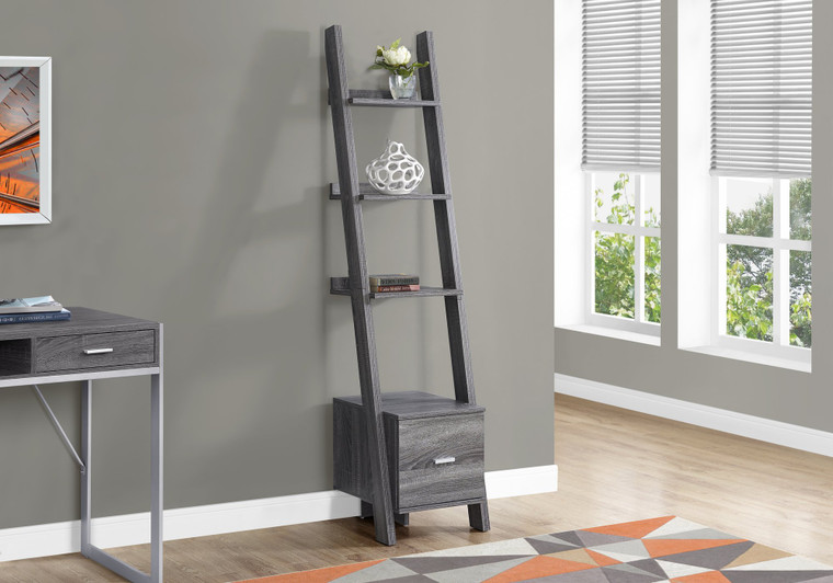 Homeroots 69" Grey Particle Board Ladder Bookcase With A Storage Drawer 332950