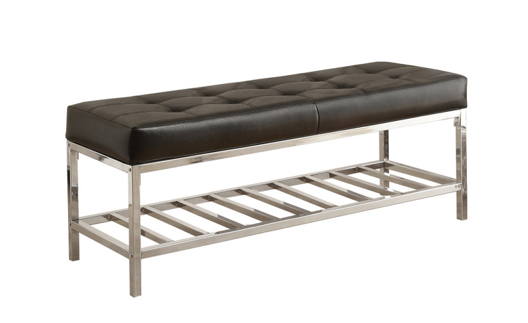 Homeroots 16.5" X 48.5" X 18" Black Leather-Look/Chrome Metal - Bench 333273
