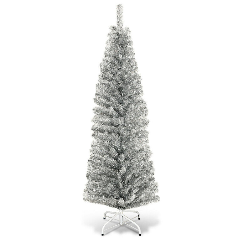 6 Ft Tinsel Tree Unlit Slim Pencil Christmas Tree-Silver CM22108
