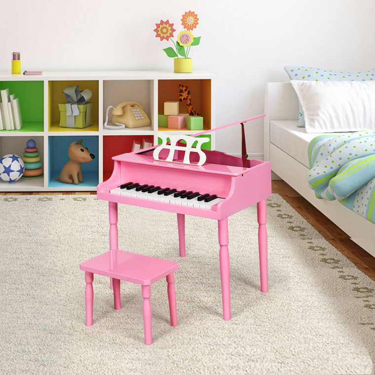 30-Key Wood Toy Kids Grand Piano With Bench & Music Rack-Pink MU10035PI
