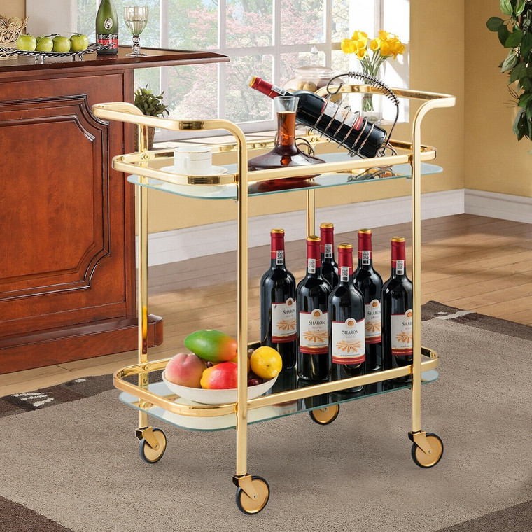 2 Tier Metal Frame Rolling Kitchen Cart With Glass Shelves HW61549