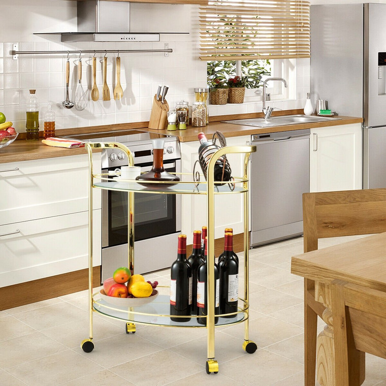 2 Tier Kitchen Bar Serving Cart With Glass Shelves HW61547