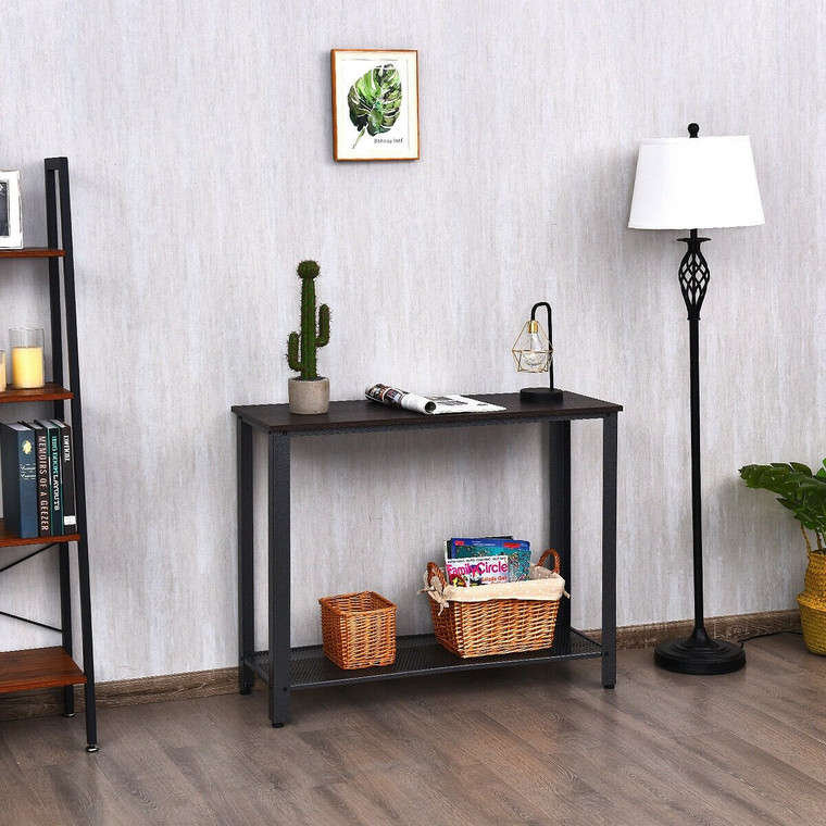 Metal Frame Wood Console Sofa Table With Storage Shelf-Black HW61495SL