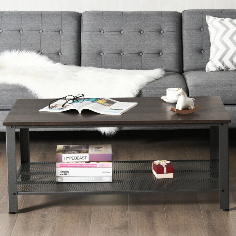 Metal Frame Wood Coffee Table Console Table With Storage Shelf-Black HW61492SL