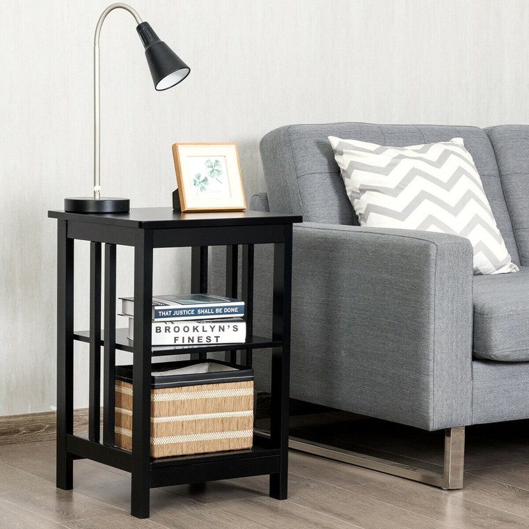 3-Tier Nightstand Side Table With Baffles And Corners-Black HW61505BK