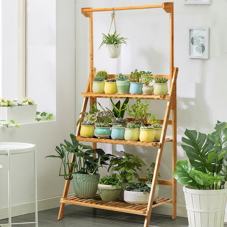3 Tiers Bamboo Hanging Folding Plant Shelf Stand HW60295