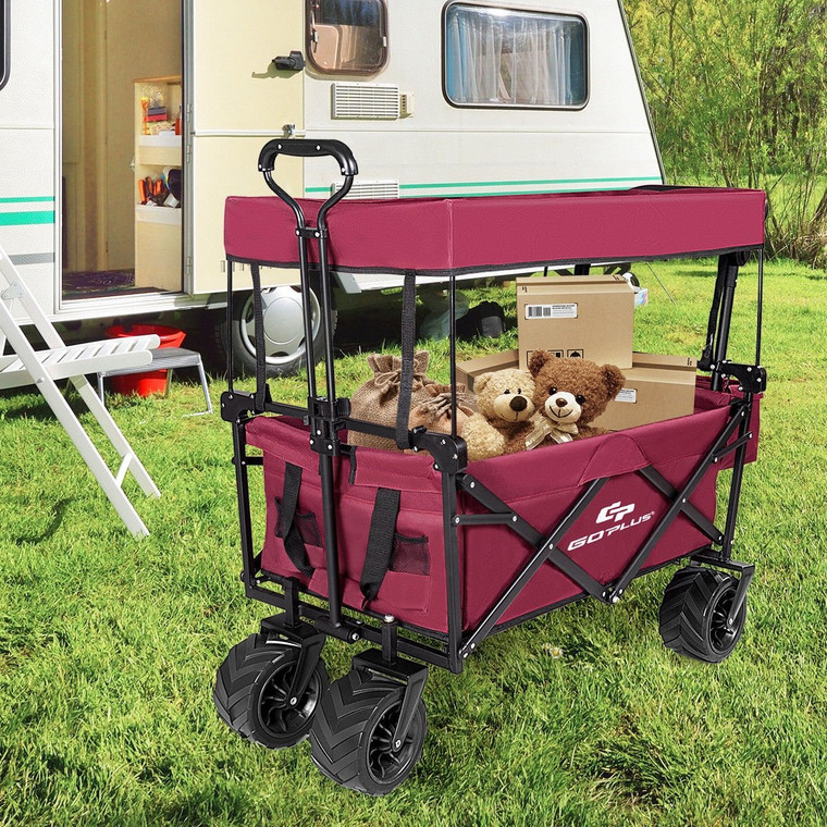 Collapsible Garden Folding Wagon Cart With Canopy-Wine TY576039RE