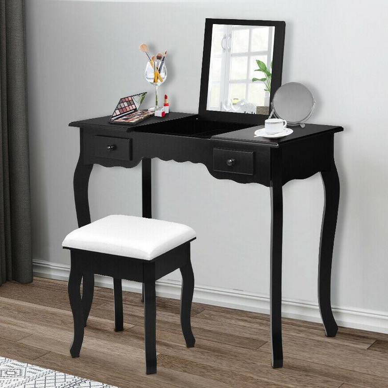 Mirrored Bathroom Dressing Vanity Table Set W/ Stool-Black HW56231BK