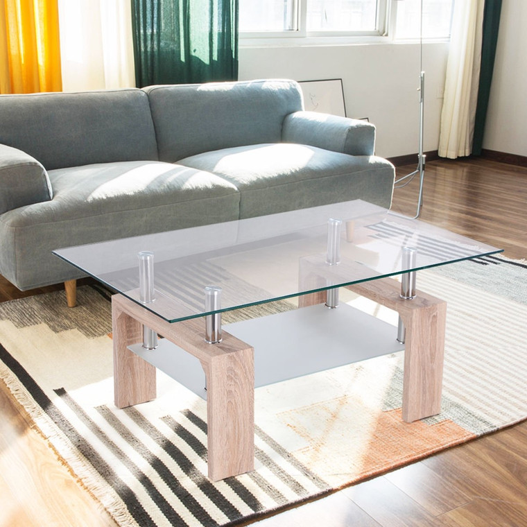 Living Room Rectangular Glass Wood Coffee Table With Shelf HW52022