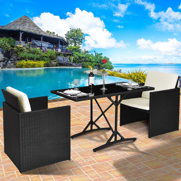 3 Pcs Black Patio Rattan Table Chairs Set With Cushions HW54805+