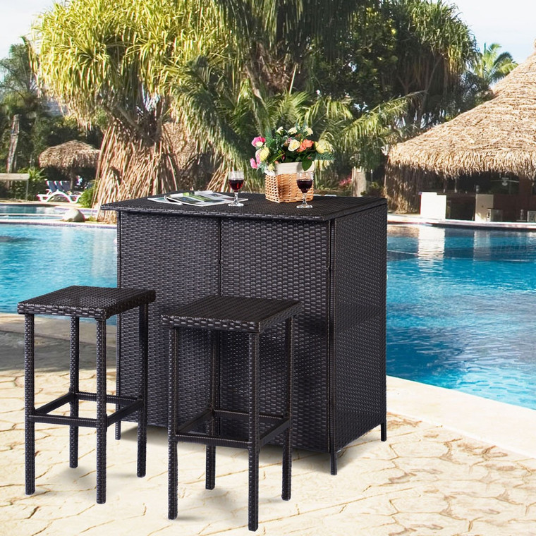 3 Pcs Patio Outdoor Rattan Wicker Bar Table And 2 Stools HW52108