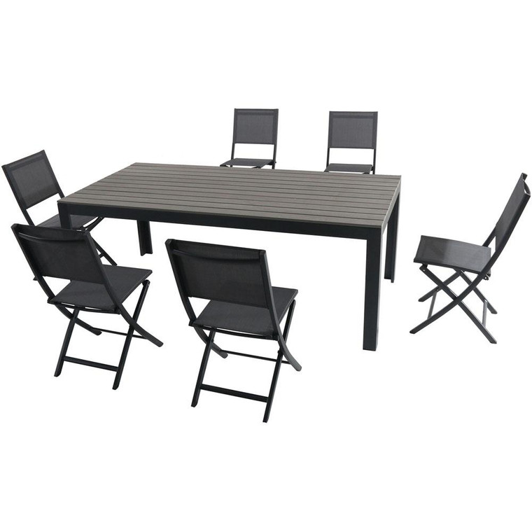 Hanover Tucson 7 Piece Dining Set: 6 Aluminum Sling Folding Chairs, Faux Wood Dining Table Tucsdn7Pcfd-Gry