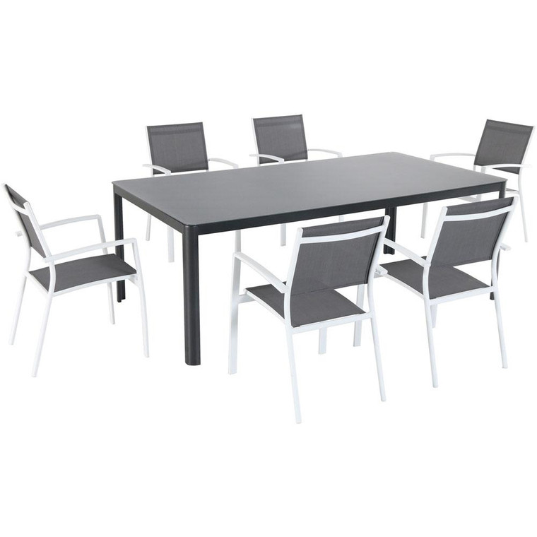 Hanover Fresno 7 Piece Dining Set: 6 Aluminum Sling Chairs, 82X43" Glass Top Table Fresdn7Pc-Wht