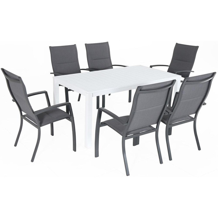 Hanover Del Mar 7 Piece Dining Set: 6 High Back Padded Sling Chairs, 63X35" Aluminum Slat Table Deldns7Pchb-Wg