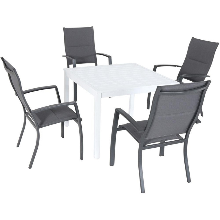 Hanover Del Mar 5 Piece Dining Set: 4 High Back Padded Sling Chairs, 38" Square Slat Top Table Deldns5Pchbsq-Wg