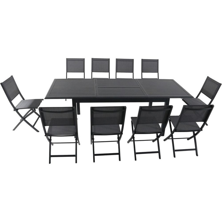 Hanover Dawson 11 Piece Dining Set: 10 Aluminum Sling Folding Chairs, 78-118" Alum Extension Table Dawdn11Pcfd-Gry
