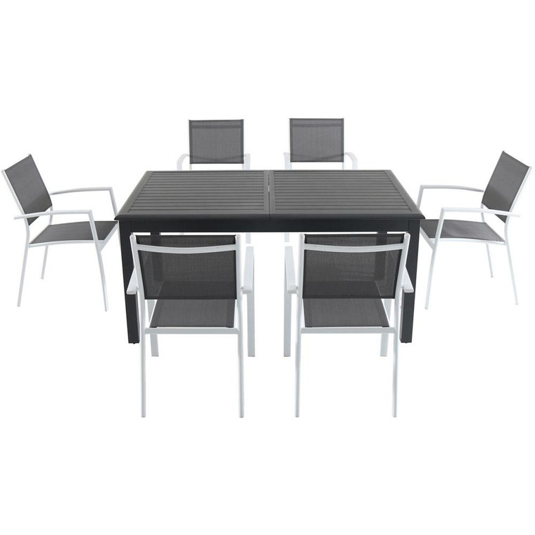 Hanover Cameron 7 Piece Dining Set: 6 Aluminum Sling Chairs, 63-94" Aluminum Extension Table Camdn7Pc-Wht