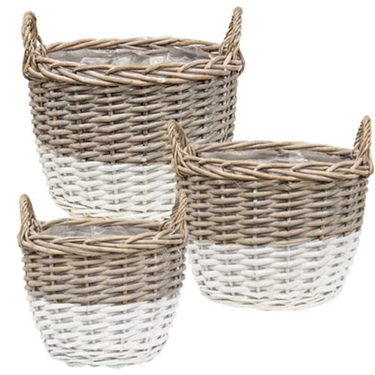 3/Set White Dipped Willow Gathering Basket Planters GBB9S041 By CWI Gifts