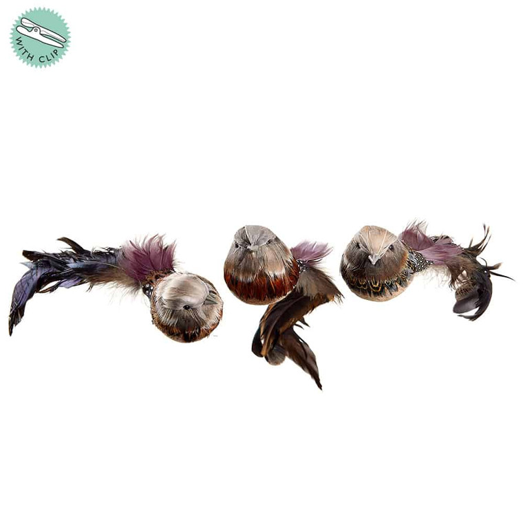 7" Feather Bird With Clip (3 Ea/Set) Brown (Pack Of 4) BBC237-BR By Silk Flower