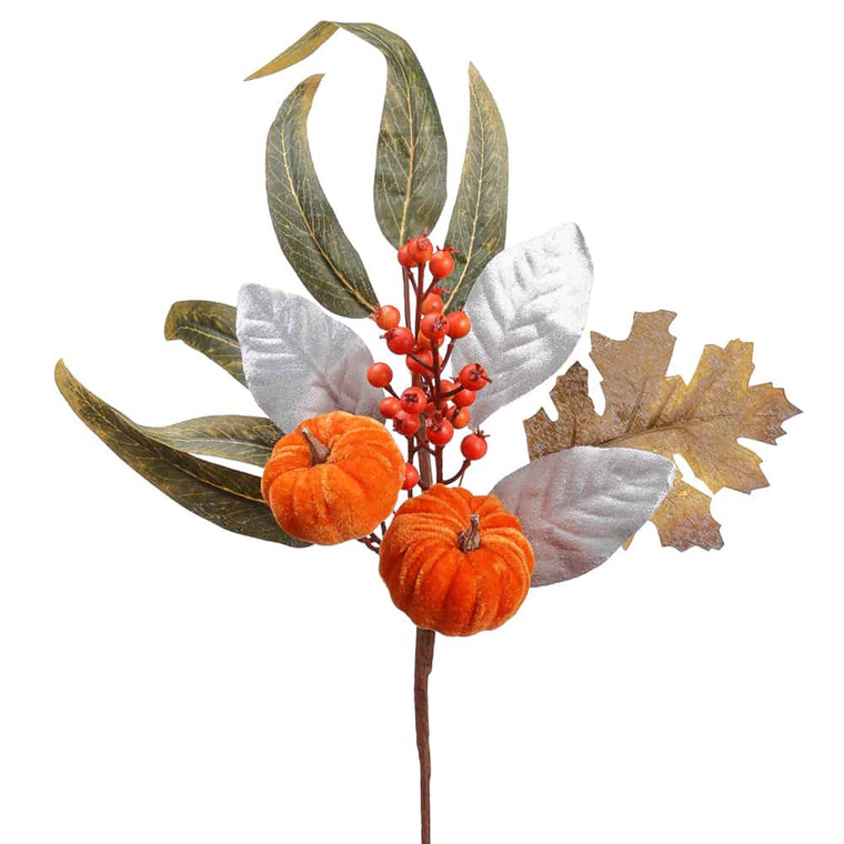 18" Velvet Pumpkin/Berry/ Maple Pick Orange Green (Pack Of 12) VKP706-OR/GR By Silk Flower