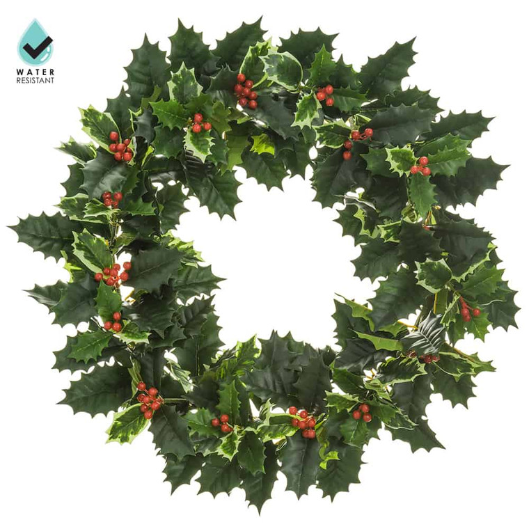 19" Water-Resistant Holly Leaf With Plastic Berry Wreath Green Red (Pack Of 2) XHW190-GR/RE By Silk Flower