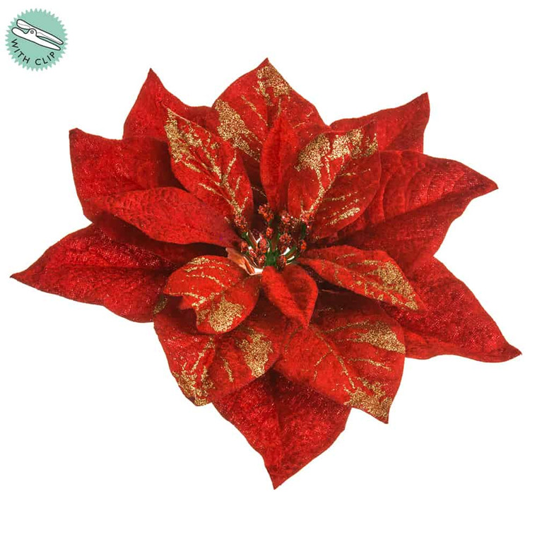10.5" Glittered Velvet Poinsettia With Clip Red (Pack Of 24) XPH595-RE By Silk Flower