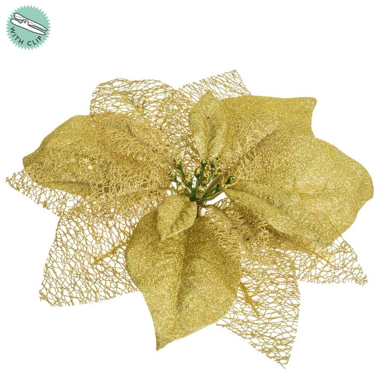 10.5" Glittered Sheer Poinsettia With Clip Gold (Pack Of 24) XPH600-GO By Silk Flower