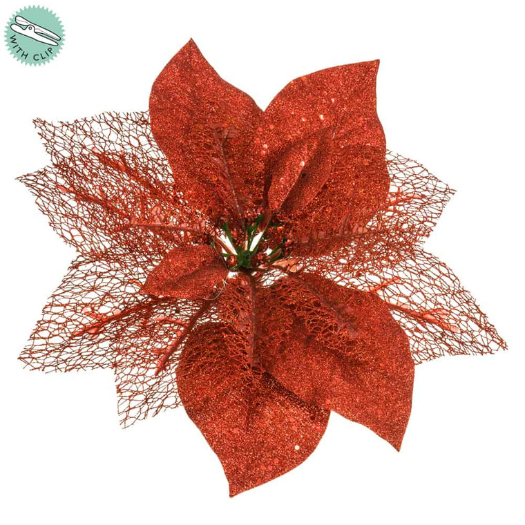 10.5" Glittered Sheer Poinsettia With Clip Red (Pack Of 24) XPH600-RE By Silk Flower
